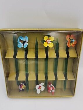 NIP GLASS RED YELLOW PIER 1 GLASS FLOWER STIRRER SWIZZLE STICKs 5" Hors-D'oeuvre